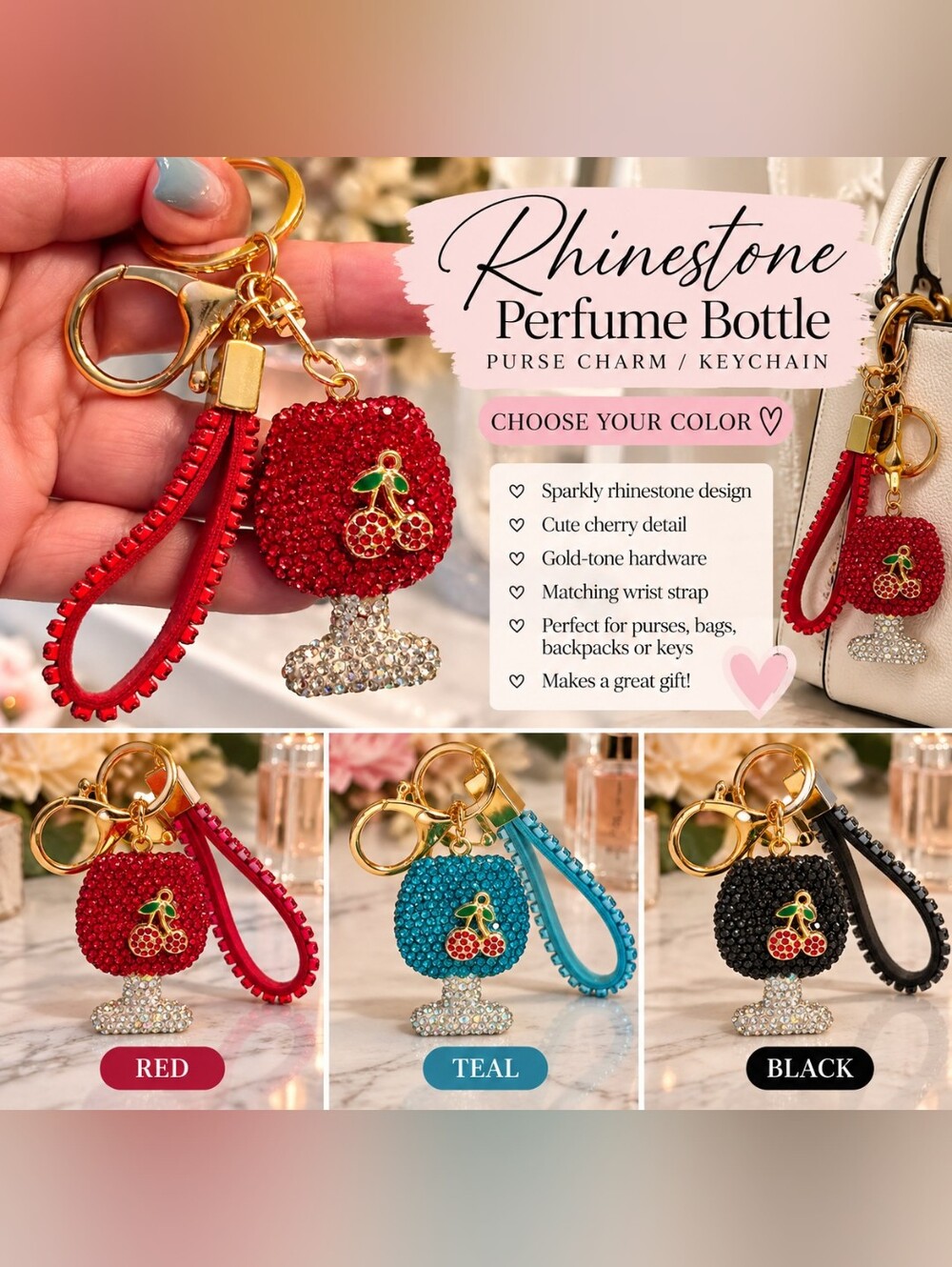 💎 Rhinestone Perfume Bottle Purse Charm / Keychain – Choose Color